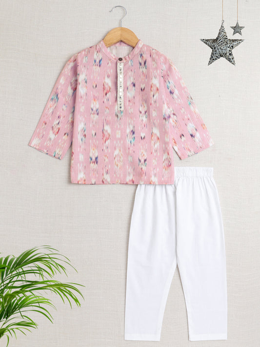 Full Sleeves Abstract Printed Lace Embelished Kurta With Pyjama-Pink