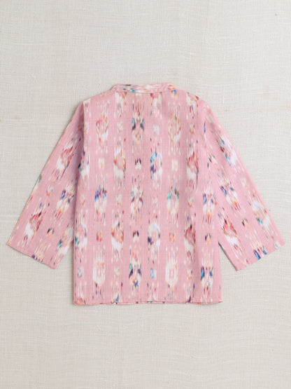 Full Sleeves Abstract Printed Lace Embelished Kurta With Pyjama-Pink