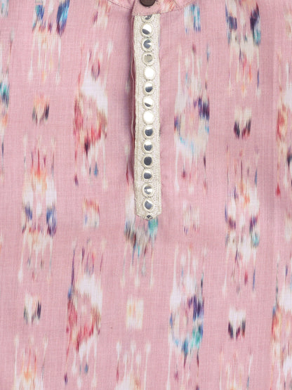 Full Sleeves Abstract Printed Lace Embelished Kurta With Pyjama-Pink