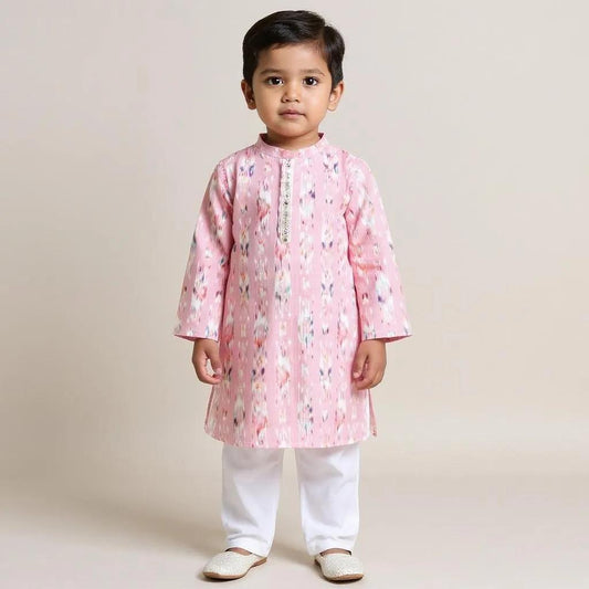 Full Sleeves Abstract Printed Lace Embelished Kurta With Pyjama-Pink