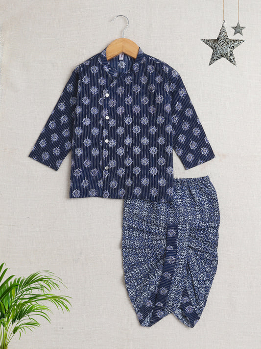 Bootie Printed Waist and Dhoti Set For Boys-Navy Blue