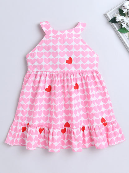 Cotton Heart Print Incut Sleeveless Dress-Pink