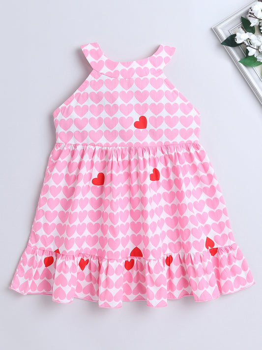 Cotton Heart Print Incut Sleeveless Dress-Pink