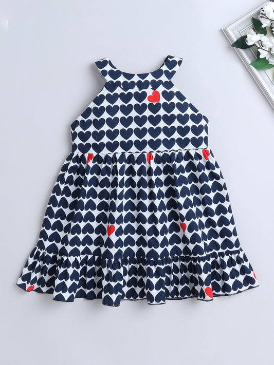 Cotton Heart Print Incut Sleeveless Dress-Navy Blue