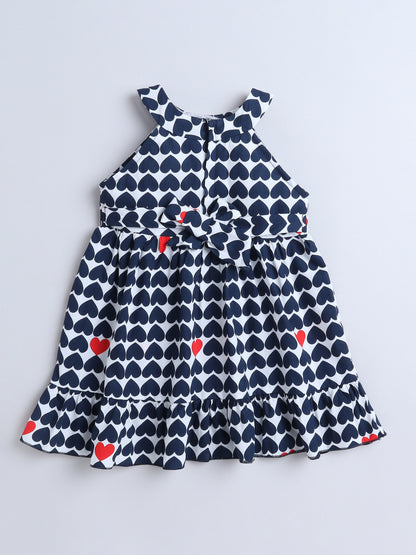 Cotton Heart Print Incut Sleeveless Dress-Navy Blue