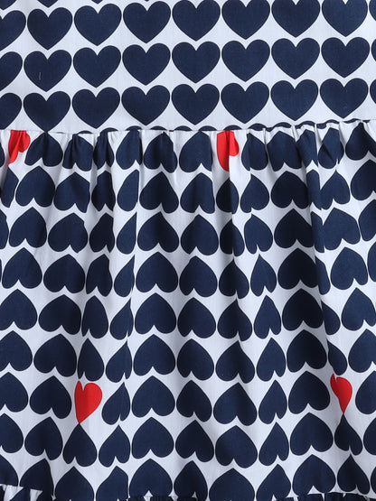 Cotton Heart Print Incut Sleeveless Dress-Navy Blue