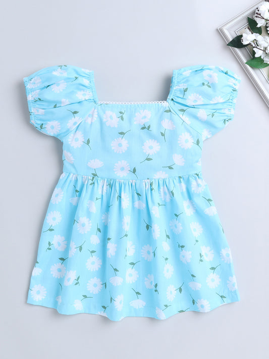Cotton Floral Print Ballon Sleeves Dress-Blue