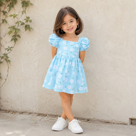 Floral Printed Cotton Balloon Sleeves Dress-Blue