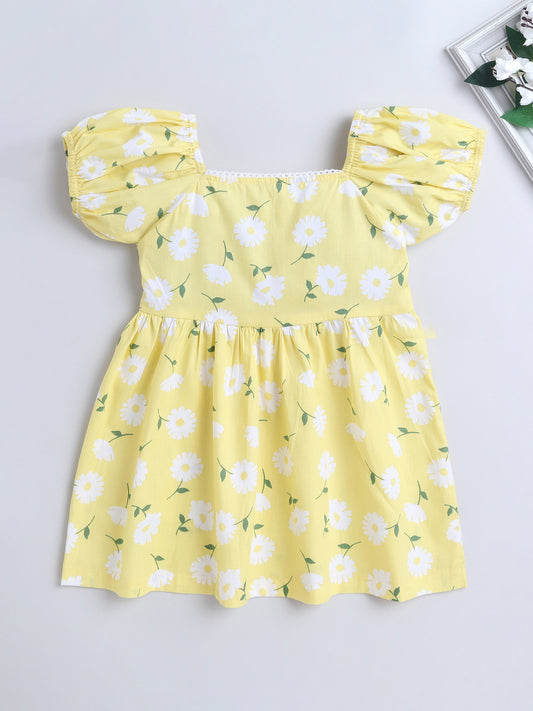 Cotton Floral Print Ballon Sleeves Dress-Yellow