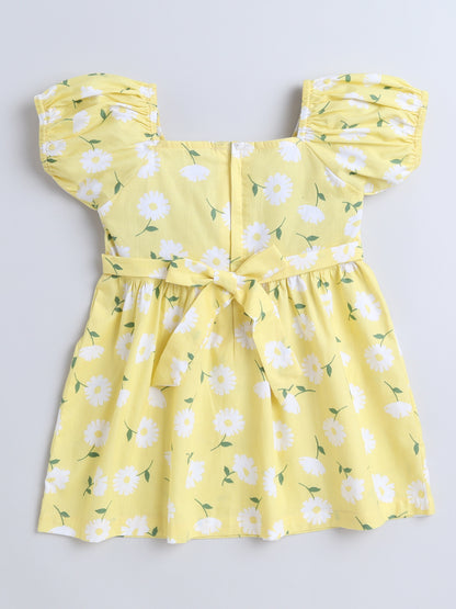 Cotton Floral Print Ballon Sleeves Dress-Yellow