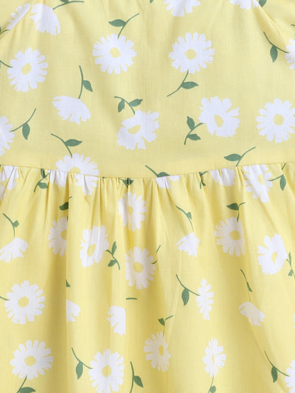 Cotton Floral Print Ballon Sleeves Dress-Yellow