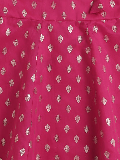 Chanderi Sleeveless Abstract Foil Printed & Lace Embellished Kurta & Salwar With Dupatta Set - Fuchsia Pink
