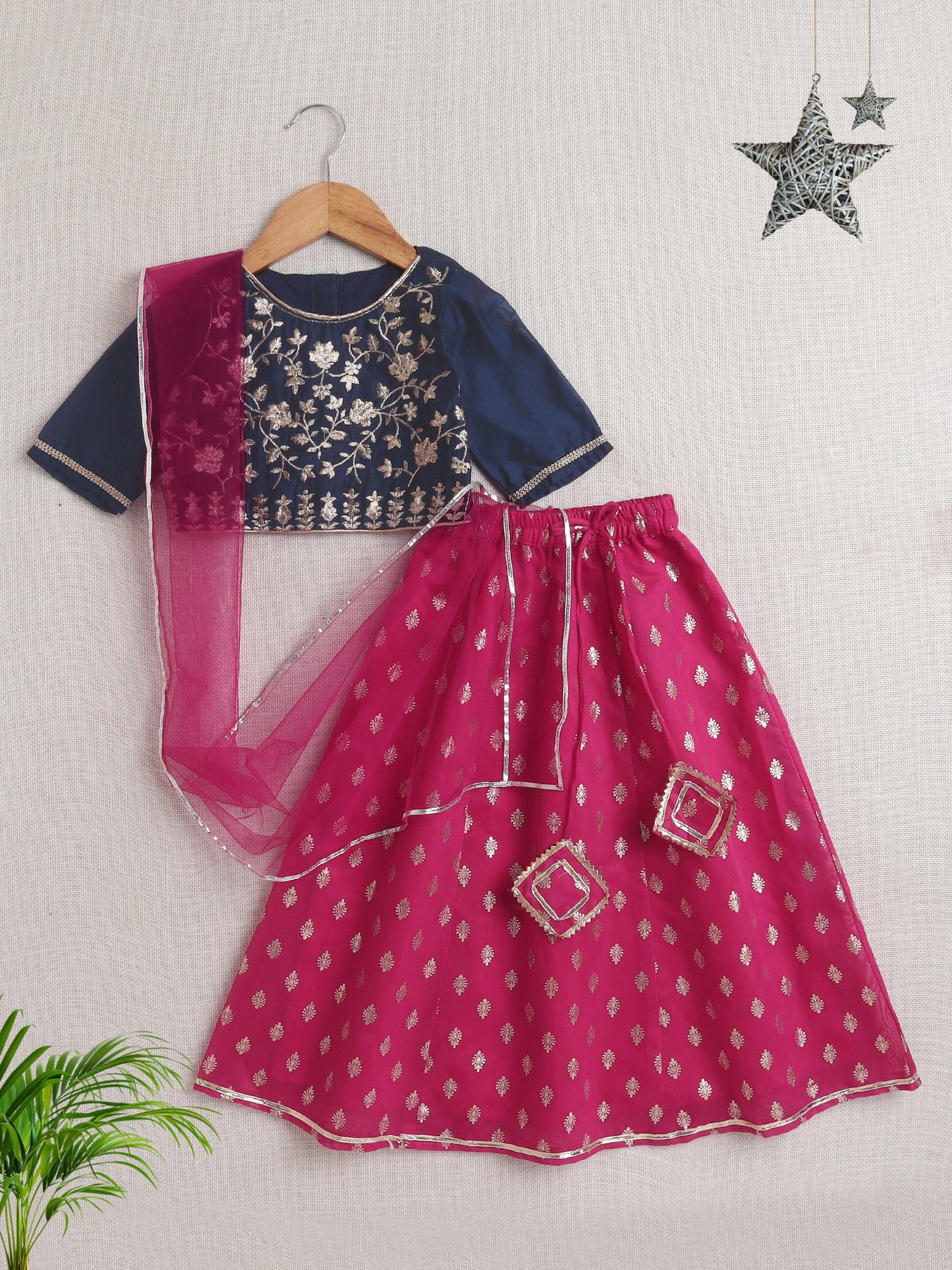 Half Sleeves Floral Embroidered Choli With Ethnic Foil Printed Lehenga & Dupatta Set - Blue & Pink