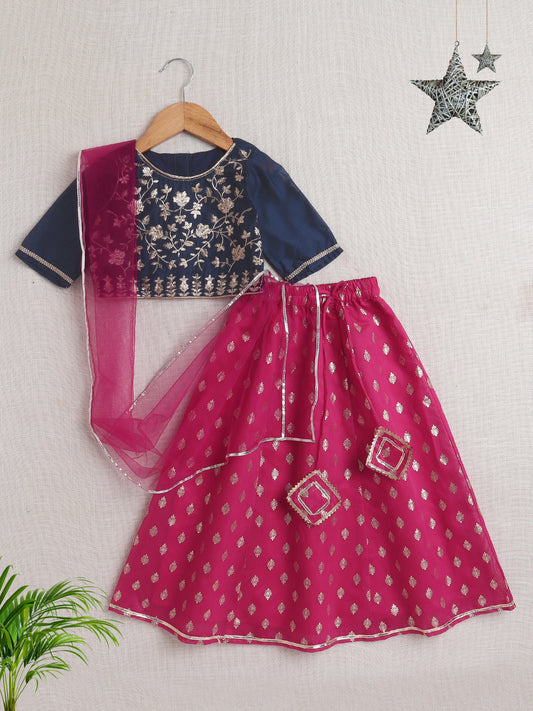 Half Sleeves Floral Embroidered Choli With Ethnic Foil Printed Lehenga & Dupatta Set - Blue & Pink
