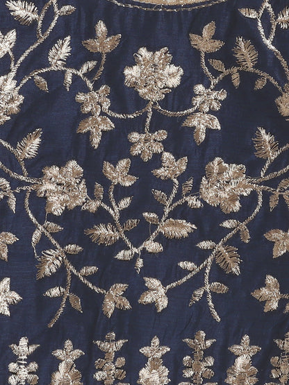 Half Sleeves Floral Embroidered Choli With Ethnic Foil Printed Lehenga & Dupatta Set - Blue & Pink