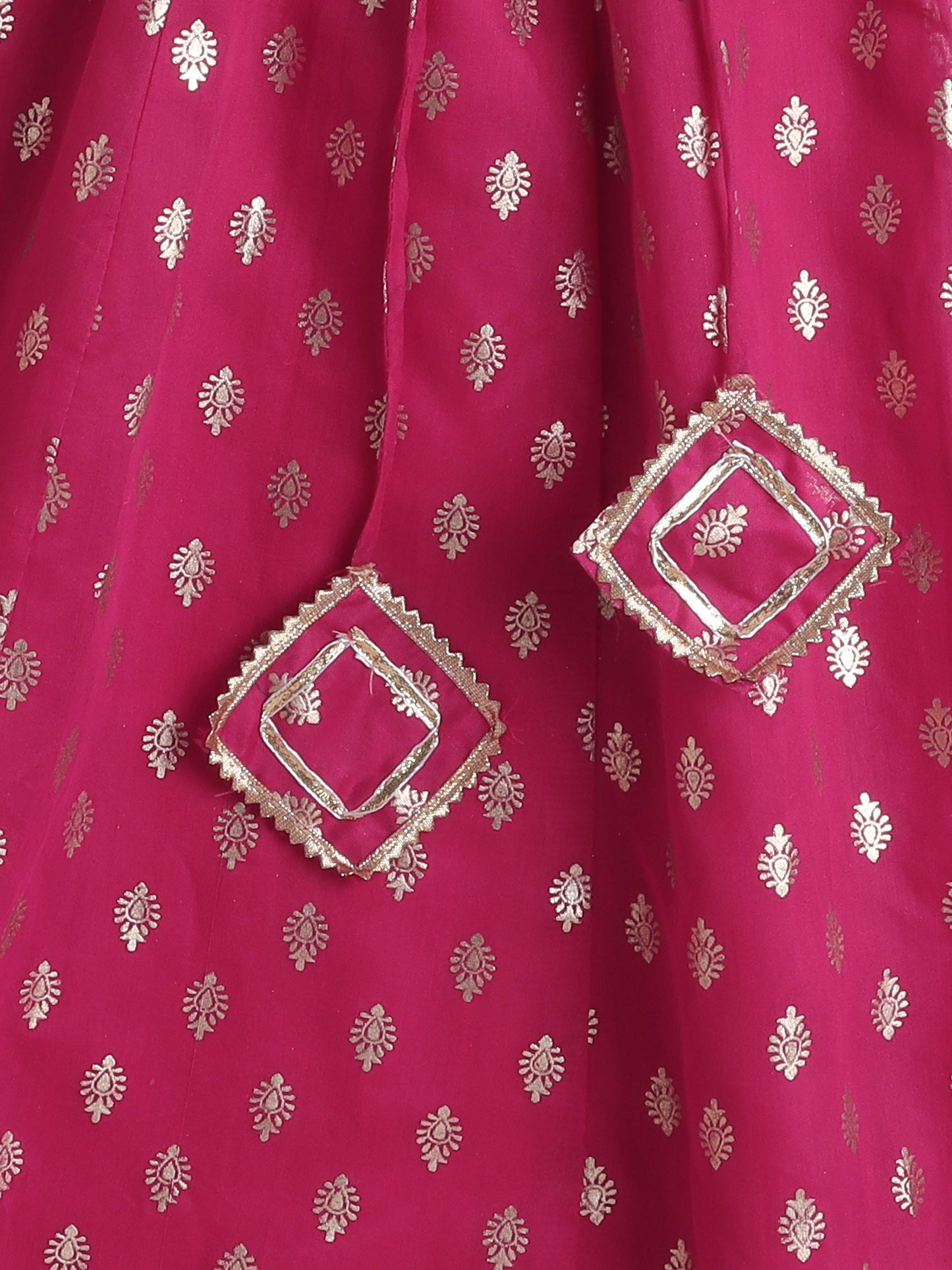 Half Sleeves Floral Embroidered Choli With Ethnic Foil Printed Lehenga & Dupatta Set - Blue & Pink