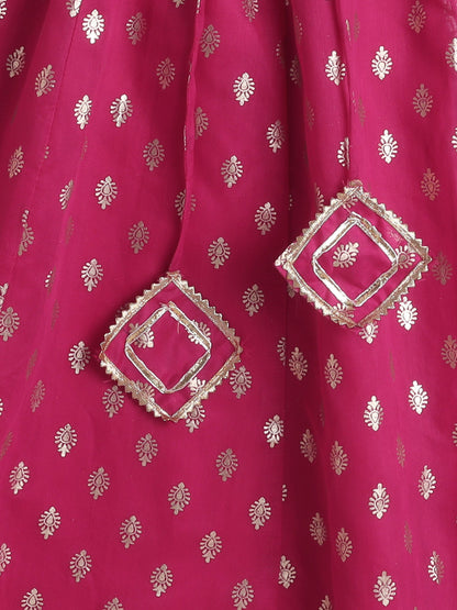 Half Sleeves Floral Embroidered Choli With Ethnic Foil Printed Lehenga & Dupatta Set - Blue & Pink