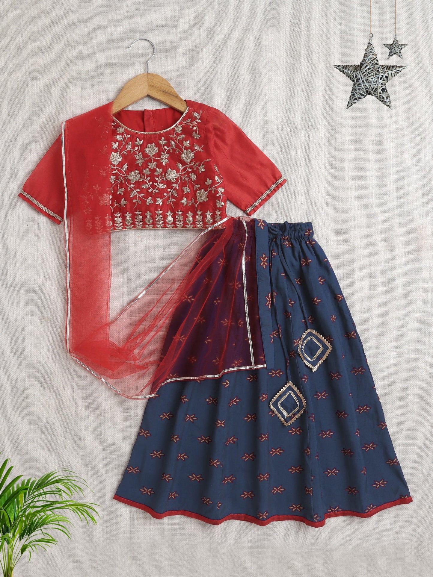 Half Sleeves Floral Embroidered Choli With Lace Embellished Lehenga & Dupatta Set - Red