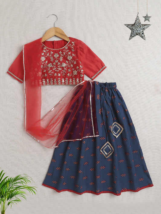 Half Sleeves Floral Embroidered Choli With Lace Embellished Lehenga & Dupatta Set - Red
