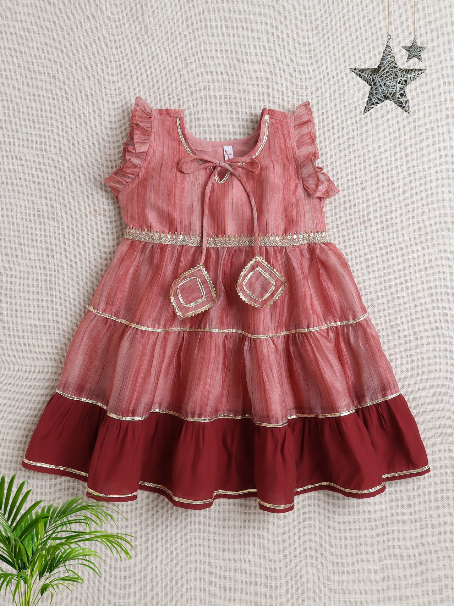 Sleeveless Lace Embelisshed Ethnic Dress-Rust