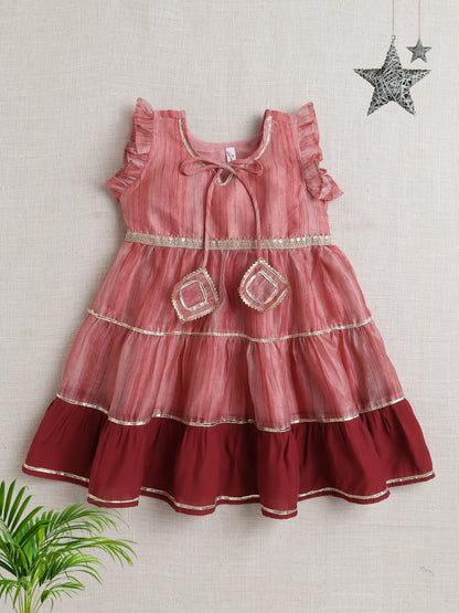 Sleeveless Lace Embelisshed Ethnic Dress-Rust