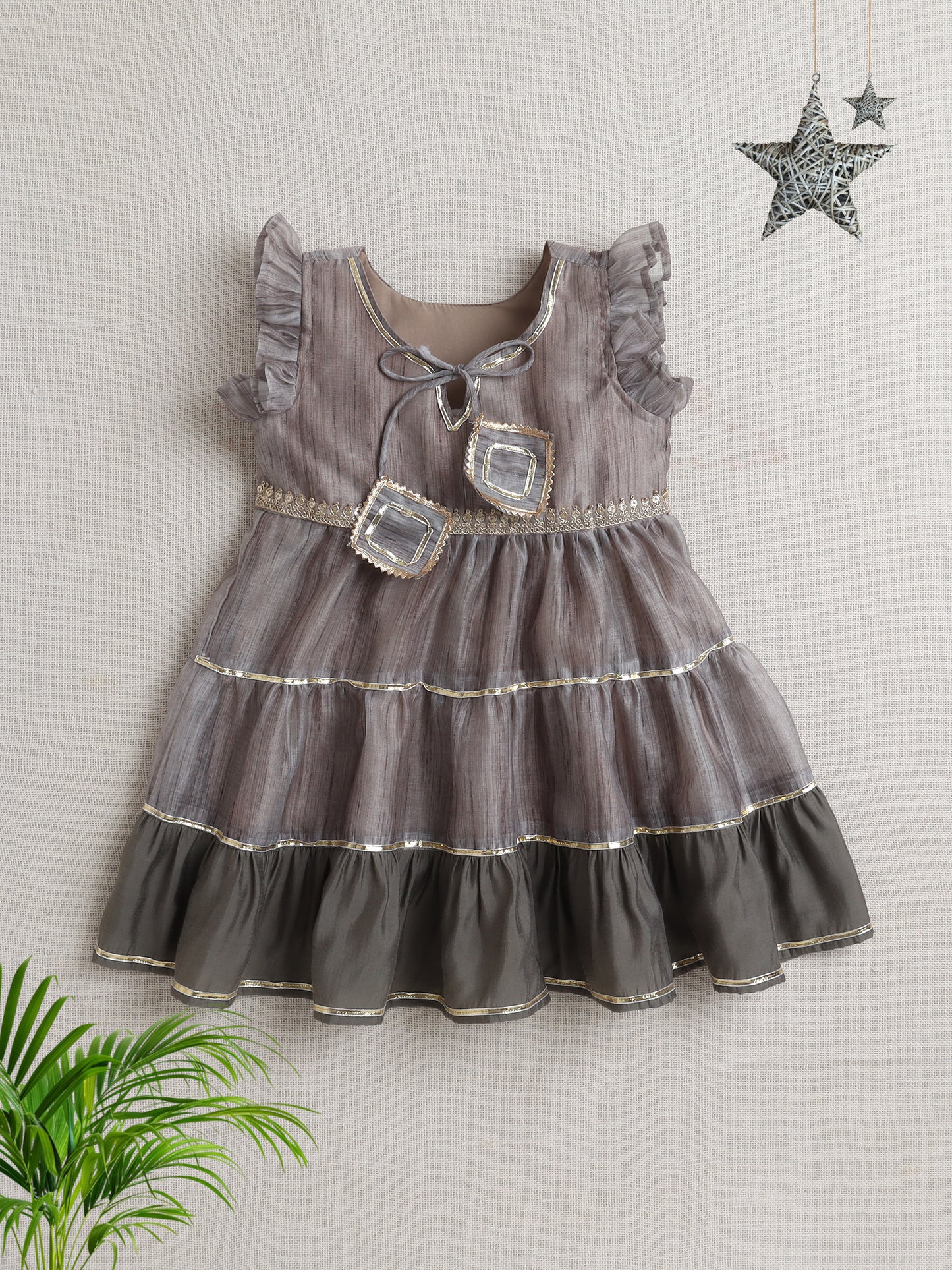 Sleeveless Lace Embelisshed Ethnic Dress- Grey
