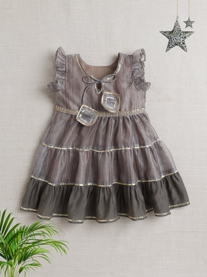 Sleeveless Lace Embelisshed Ethnic Dress- Grey