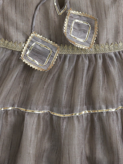 Sleeveless Lace Embelisshed Ethnic Dress- Grey