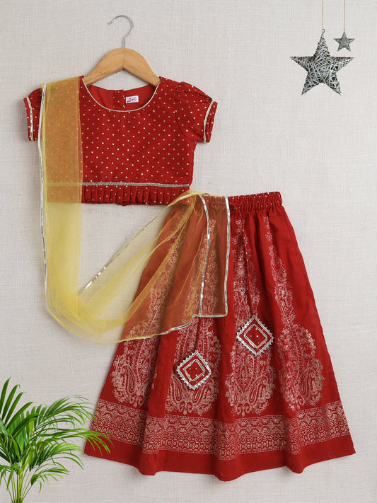 Half Sleeves Polka Dots Foil Printed Choli & Lace Embellished & Floral Embroidered Lehenga With Dupatta Set - Red