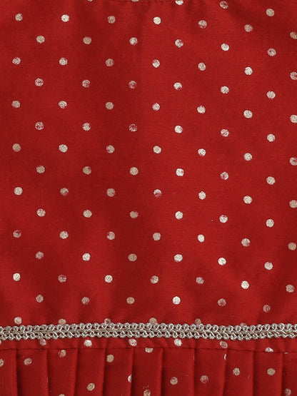 Half Sleeves Polka Dots Foil Printed Choli & Lace Embellished & Floral Embroidered Lehenga With Dupatta Set - Red