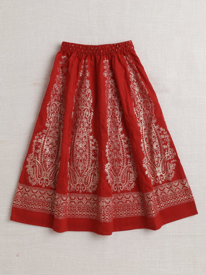 Half Sleeves Polka Dots Foil Printed Choli & Lace Embellished & Floral Embroidered Lehenga With Dupatta Set - Red