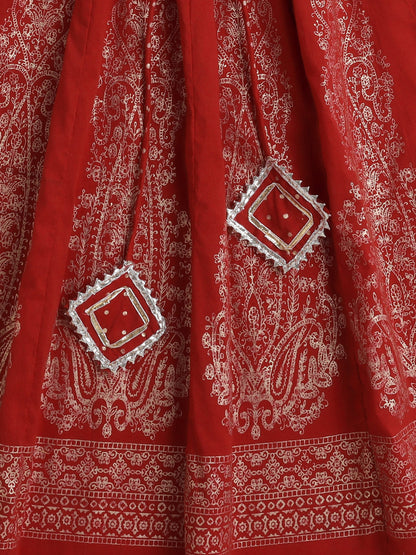Half Sleeves Polka Dots Foil Printed Choli & Lace Embellished & Floral Embroidered Lehenga With Dupatta Set - Red