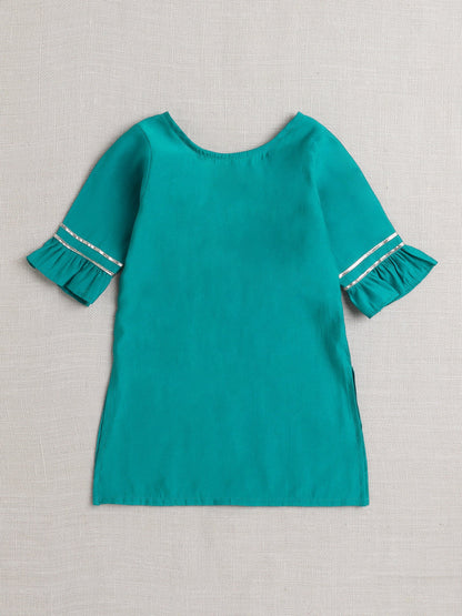 Cotton Three Fourth Sleeves Lace Embellished & Tassel Detailed Kurta & Coordinating Floral Printed Palazzo Set - Green