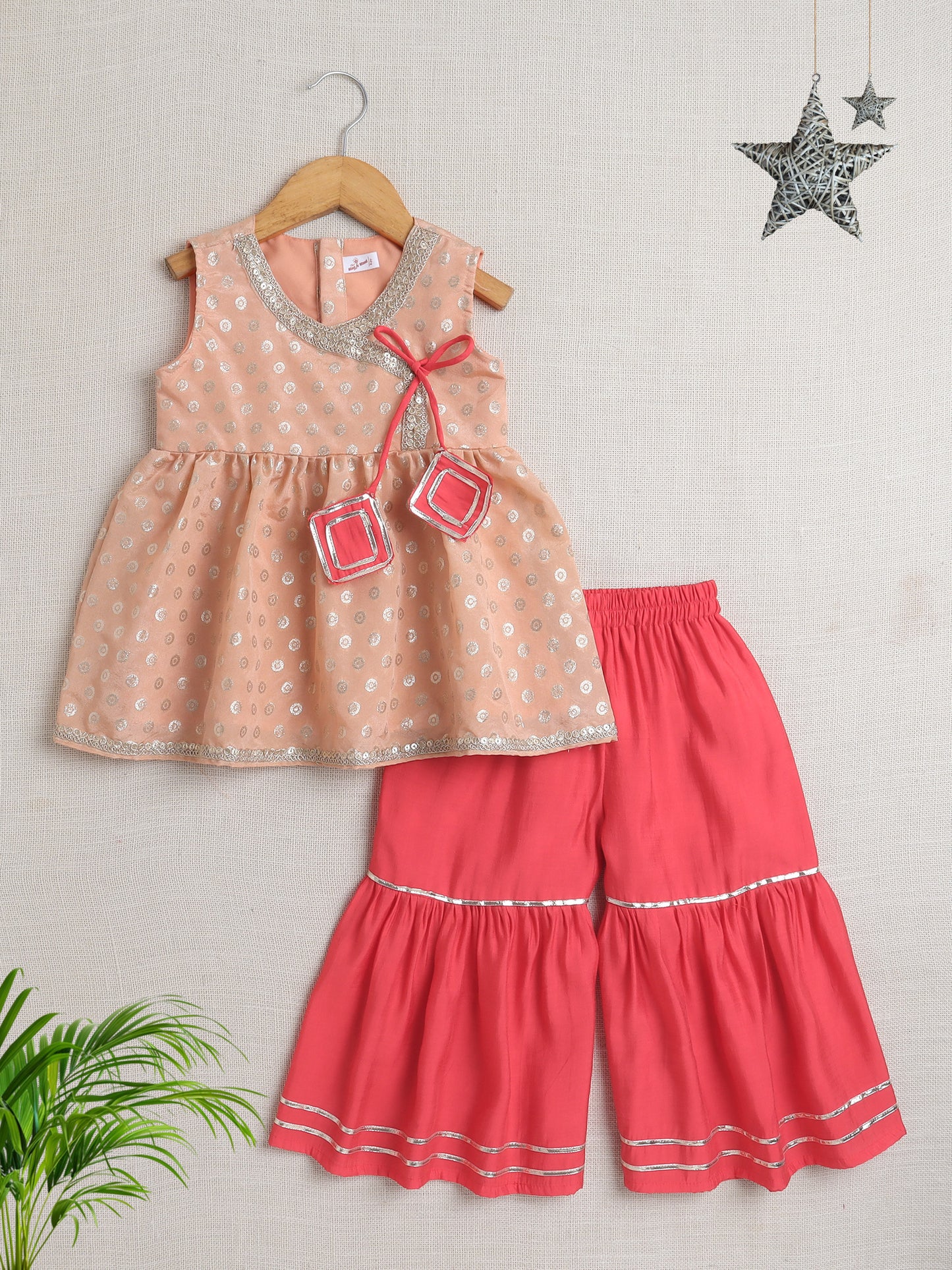 Jacquard Sleeveless Lace & Tassel Embellished & Floral Foil Printed Kurta & Sharara Set - Peach