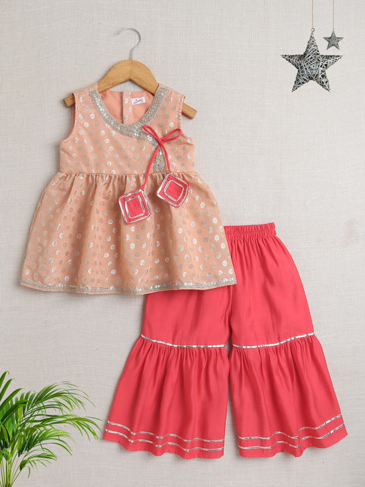 Jacquard Sleeveless Lace & Tassel Embellished & Floral Foil Printed Kurta & Sharara Set - Peach