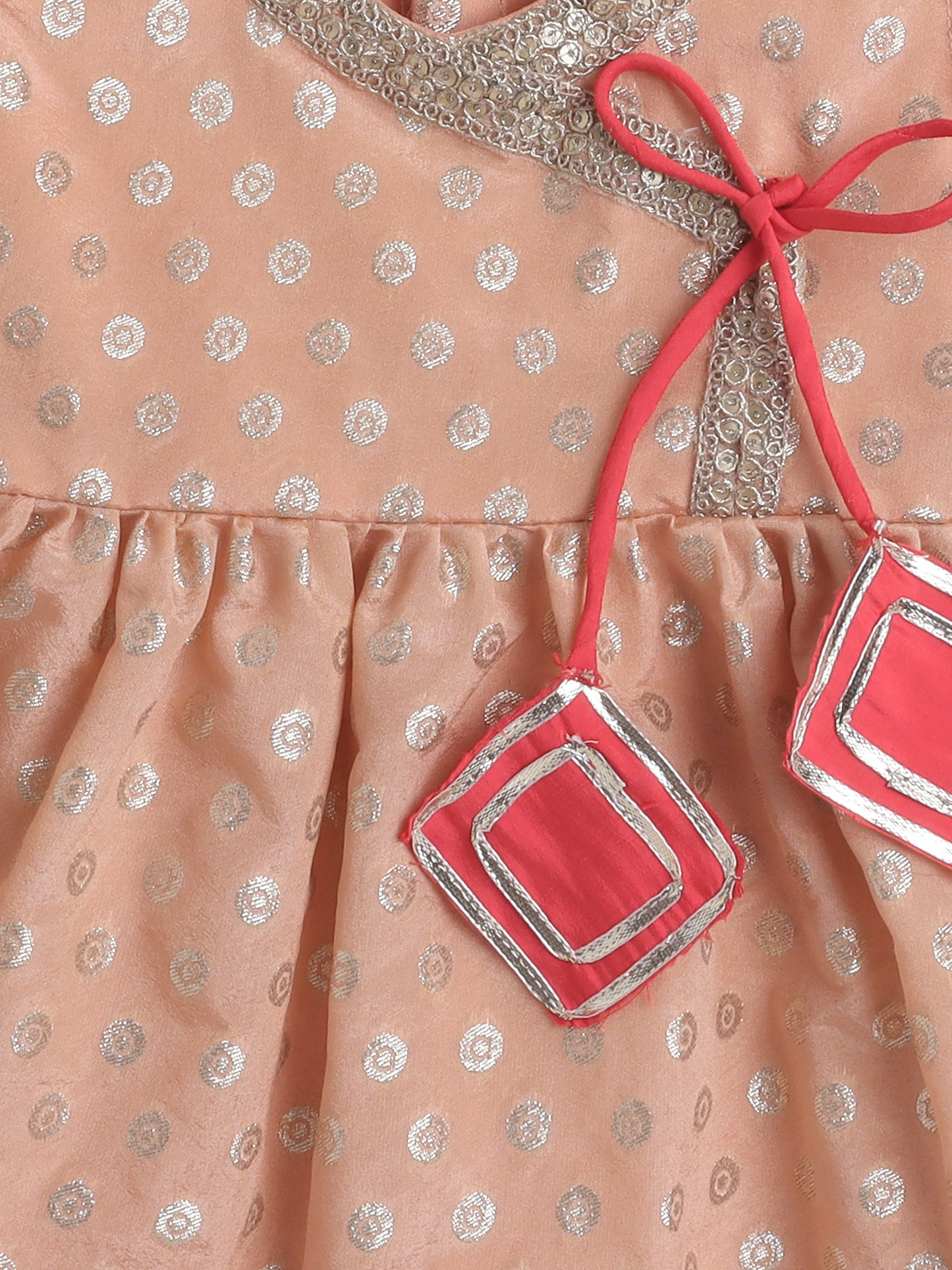Jacquard Sleeveless Lace & Tassel Embellished & Floral Foil Printed Kurta & Sharara Set - Peach