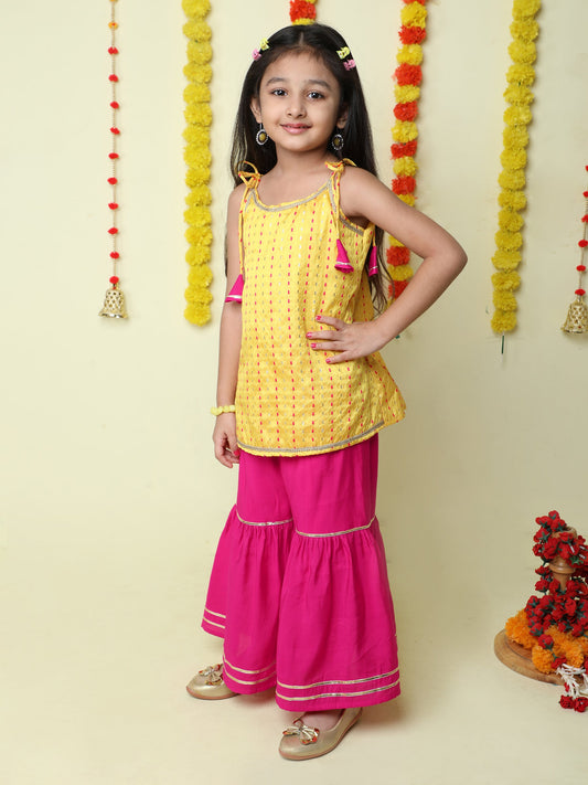 Sleeveless Abstract Foil Printed & Lace Embellished Kurta Sharara Set - Yellow