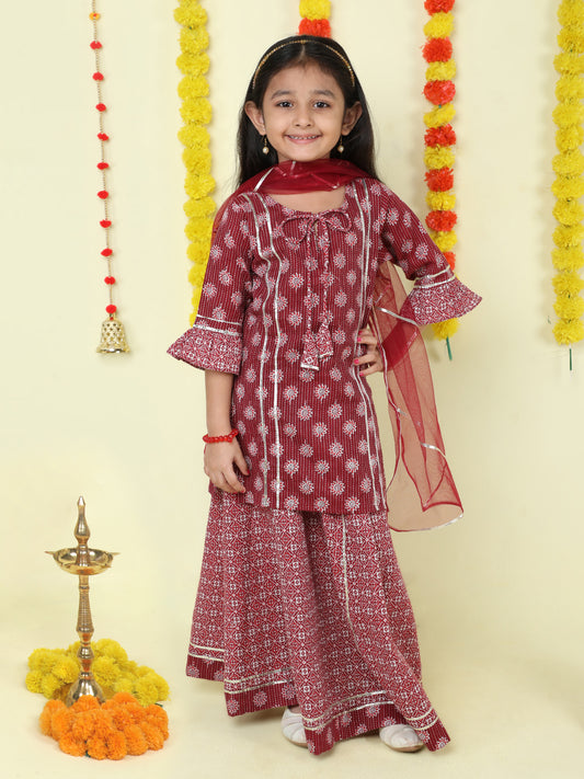 Three Forth Sleeves All Over Print Kurta Sharara Set- Maroon