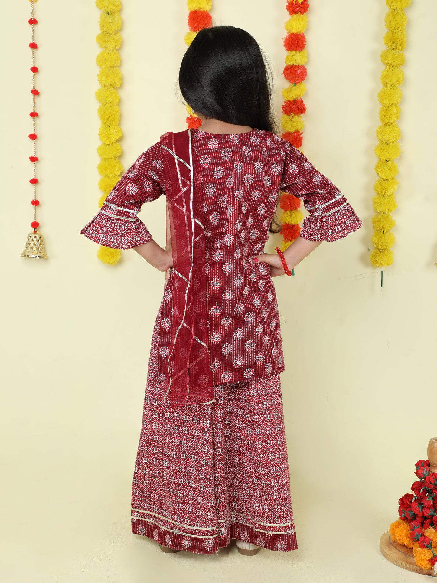 Three Forth Sleeves All Over Print Kurta Sharara Set- Maroon
