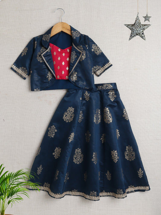Short Sleeves All Over Print Lehenga Choli Set- Blue