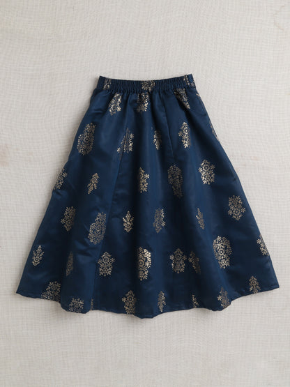 Short Sleeves All Over Print Lehenga Choli Set- Blue