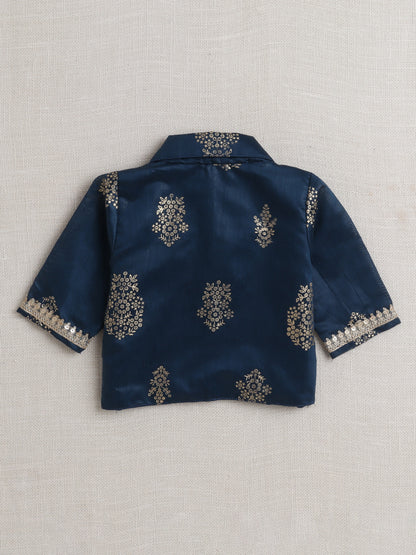 Short Sleeves All Over Print Lehenga Choli Set- Blue
