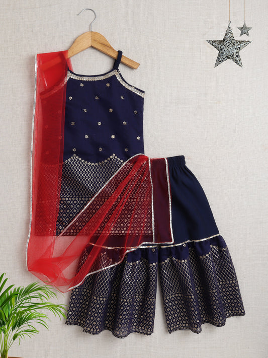 Sleeveless Embellished Kurta Set with Lace- Navy Blue