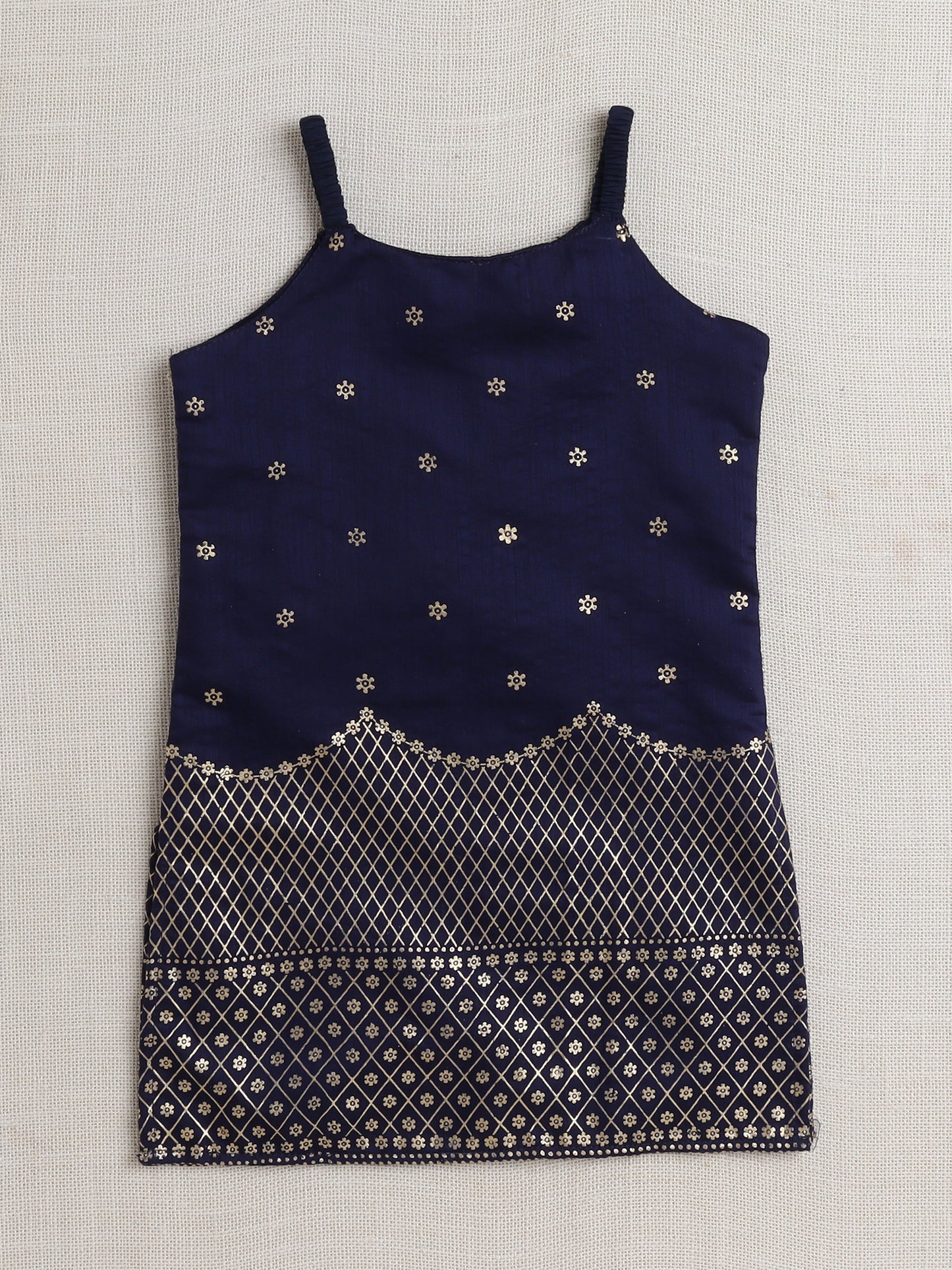 Sleeveless Embellished Kurta Set with Lace- Navy Blue