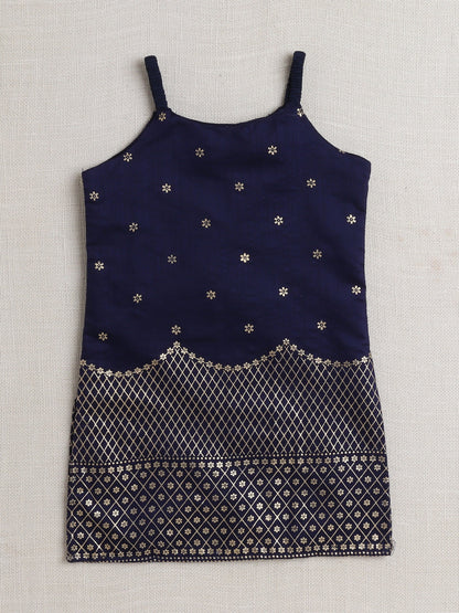 Sleeveless Lace Embellished & Floral Foil Printed Coordinating Kurta & Sharara With Dupatta Set - Navy Blue