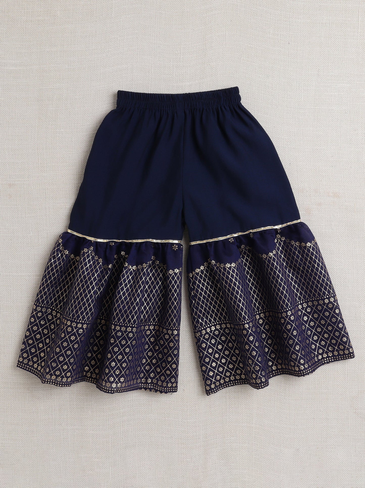 Sleeveless Lace Embellished & Floral Foil Printed Coordinating Kurta & Sharara With Dupatta Set - Navy Blue