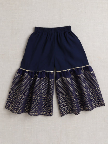 Sleeveless Lace Embellished & Floral Foil Printed Coordinating Kurta & Sharara With Dupatta Set - Navy Blue