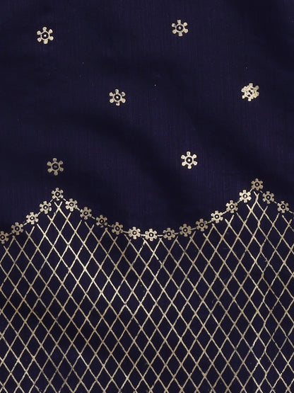 Sleeveless Lace Embellished & Floral Foil Printed Coordinating Kurta & Sharara With Dupatta Set - Navy Blue