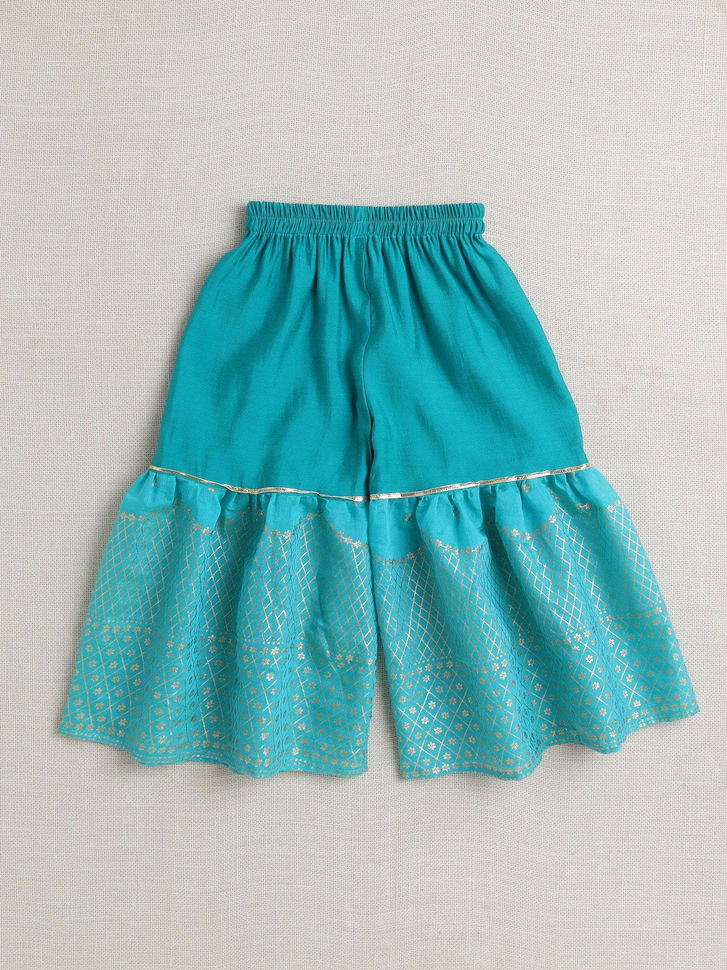 Sleeveless Lace Embellished & Floral Foil Printed Coordinating Kurta & Sharara With Dupatta Set - Blue