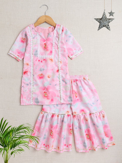 Short Sleeves All Over Print Kurta Sharar Set- Pink